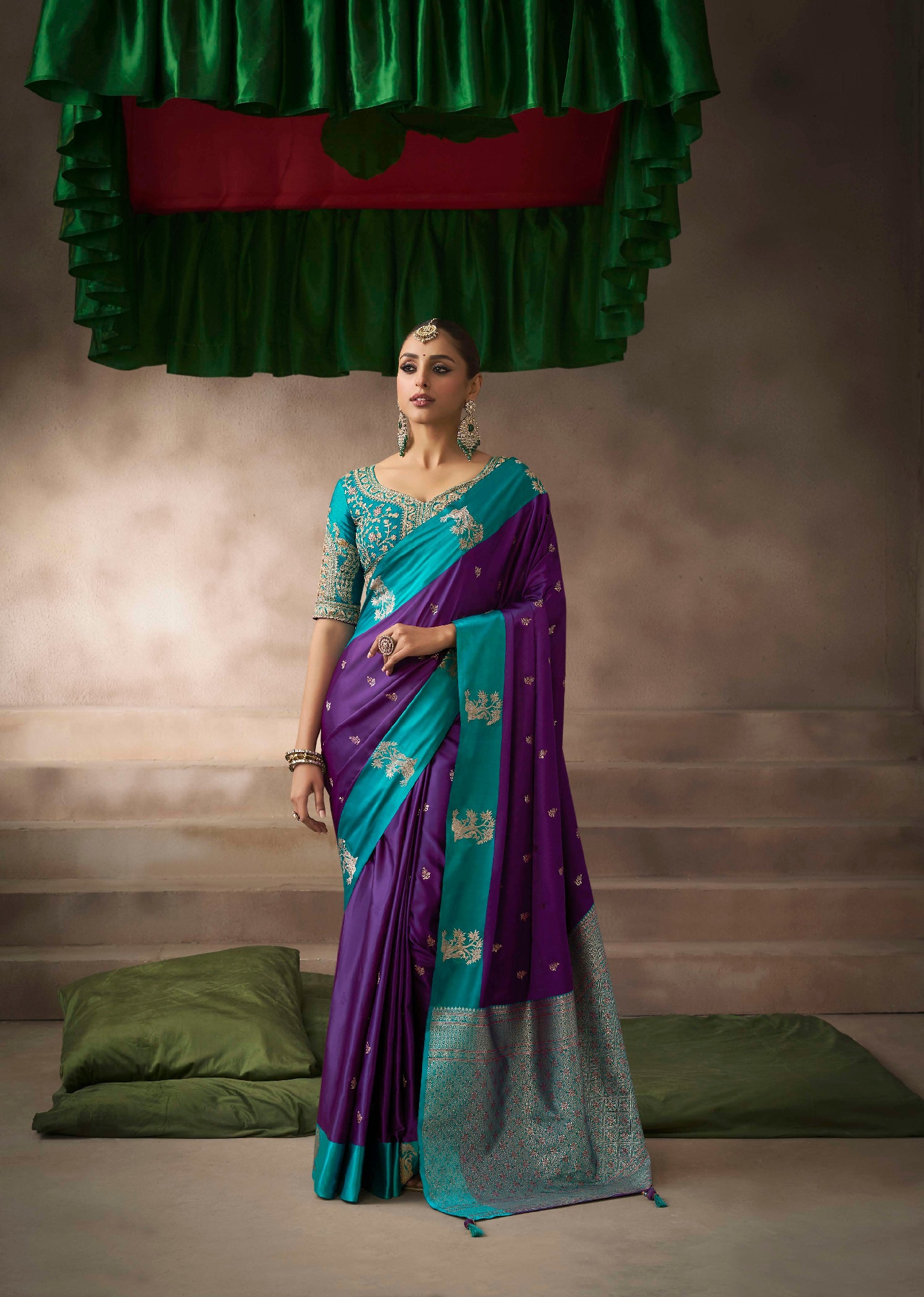 Purple Satin Silk Floral Zari Enriched Saree
