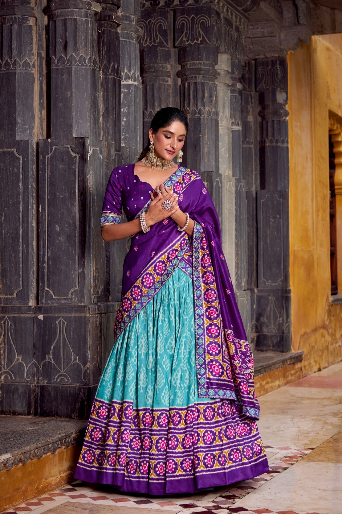 Purple Sea Green Ikkat Tussar Silk Lehenga Choli