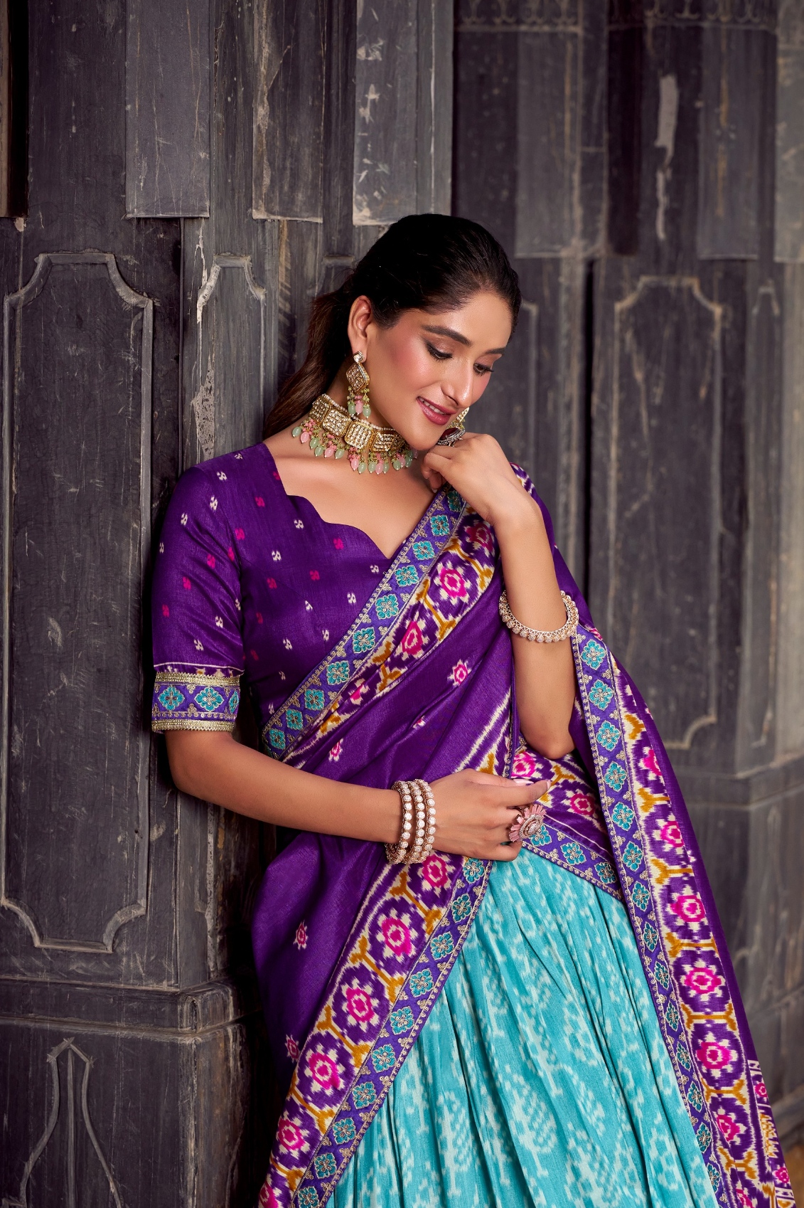 Purple Sea Green Ikkat Tussar Silk Lehenga Choli — alternate view