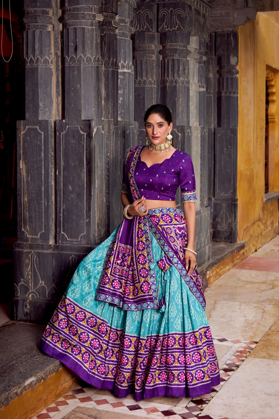 Purple Sea Green Ikkat Tussar Silk Lehenga Choli