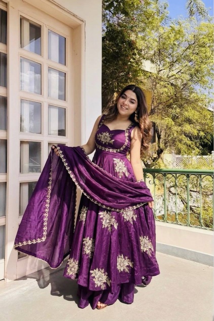 Purple Sequins Embroidered Pure Fendy Silk Anarkali Suit
