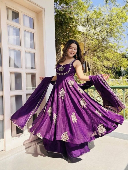Purple Sequins Embroidered Pure Fendy Silk Anarkali Suit — alternate view