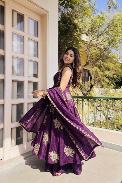 Purple Sequins Embroidered Pure Fendy Silk Anarkali Suit