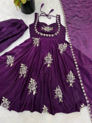 Purple Sequins Embroidered Pure Fendy Silk Anarkali Suit