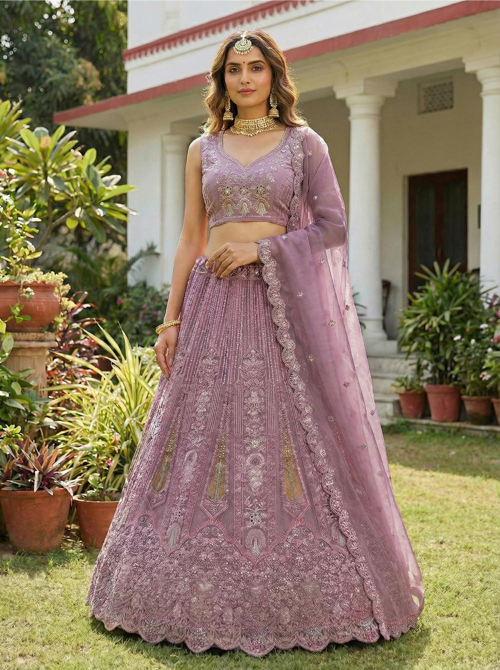 Purple Sequins Embroidered Bridal Net Lehenga Choli