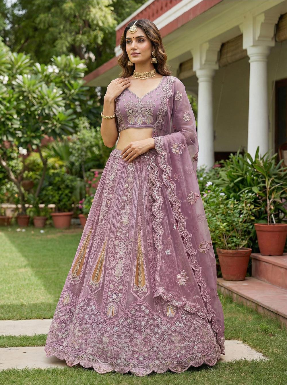 Purple Sequins Embroidered Bridal Net Lehenga Choli