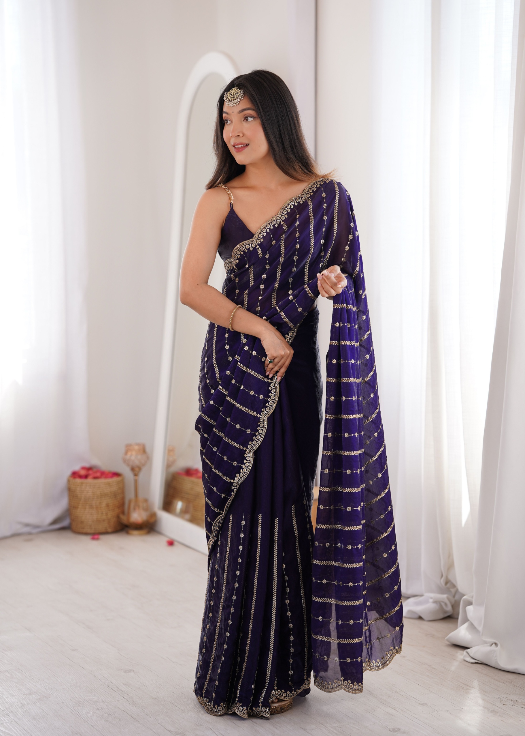 Purple Sequin Embroidered Fendy Satin Saree