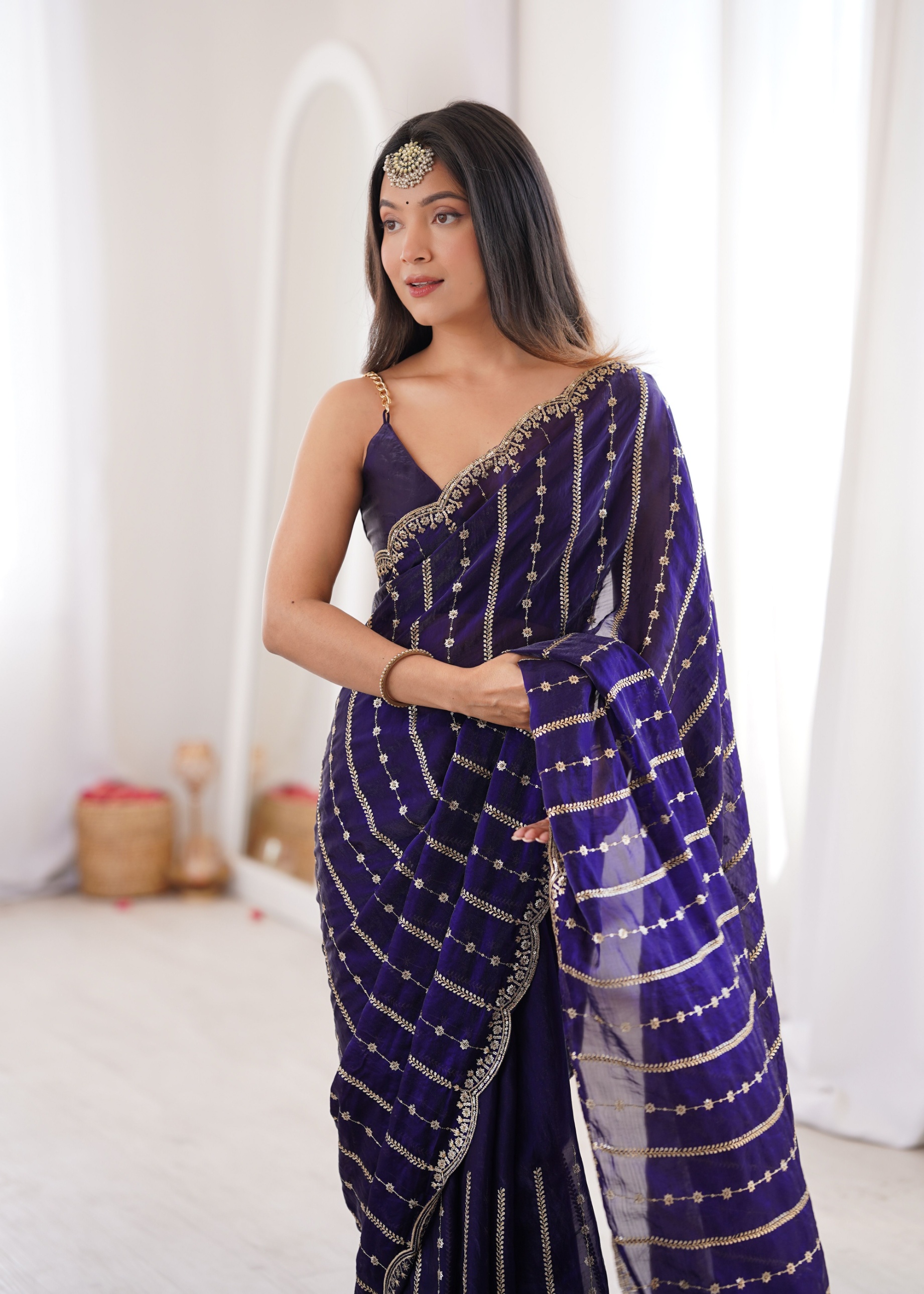 Purple Sequin Embroidered Fendy Satin Saree