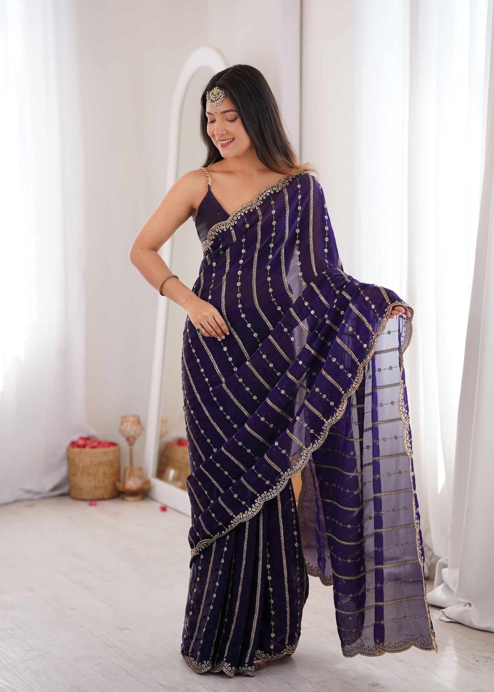 Purple Sequin Embroidered Fendy Satin Saree