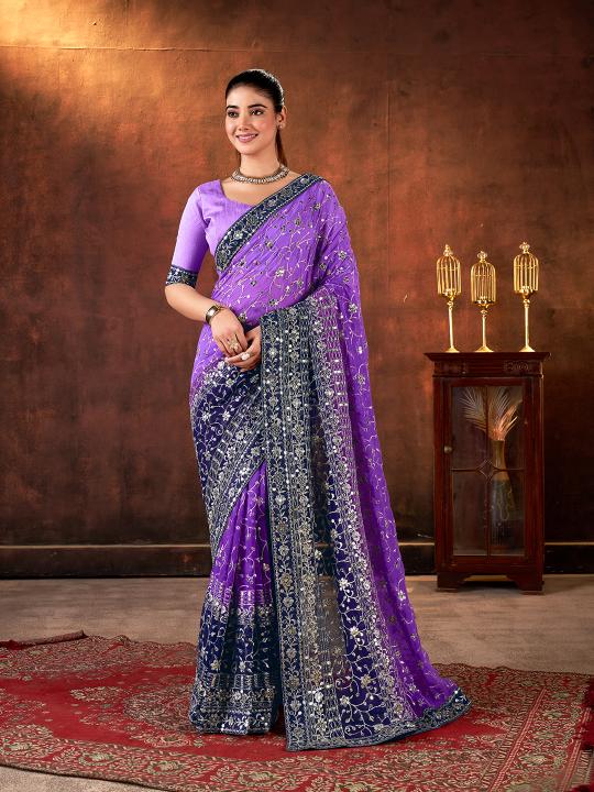 Purple Sequin Embroidered Georgette Saree