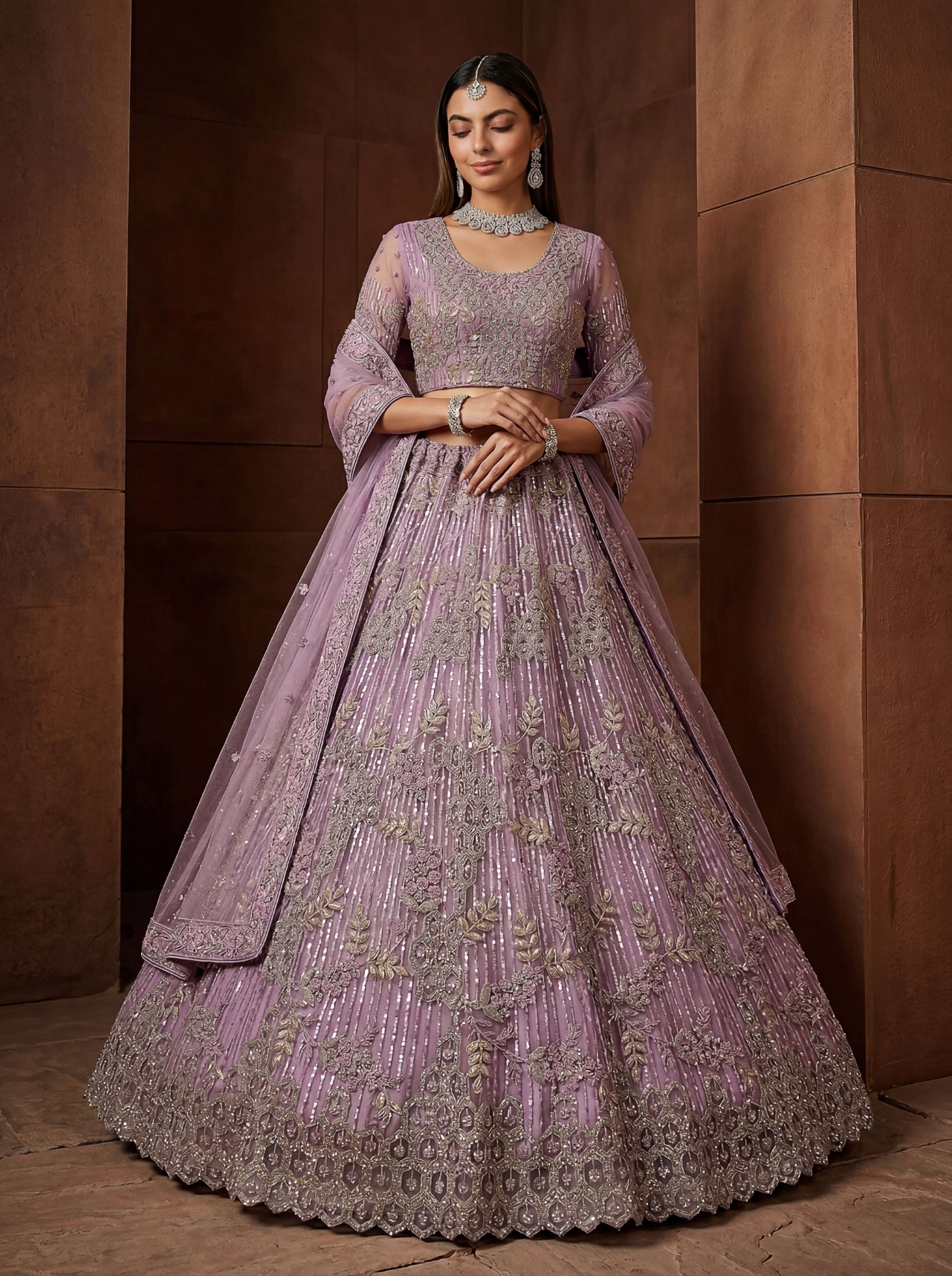 Purple Sequins Embroidered Net Lehenga Choli