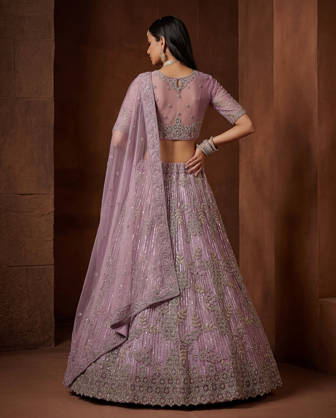 Purple Sequins Embroidered Net Lehenga Choli — alternate view