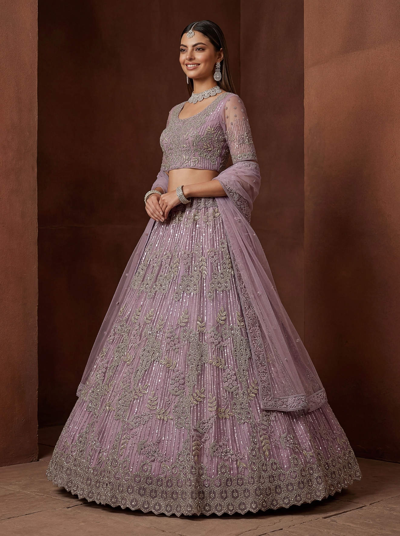 Purple Sequins Embroidered Net Lehenga Choli