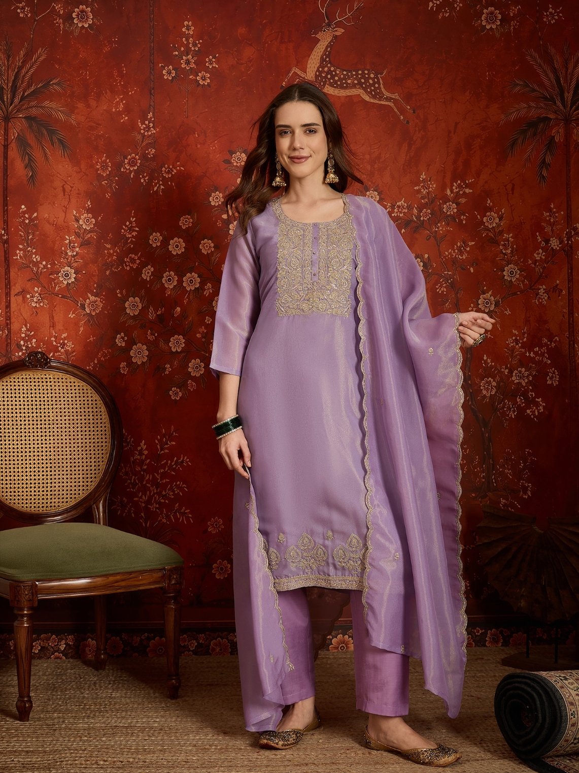 Purple Sheer Dupatta Silk Straight Suit