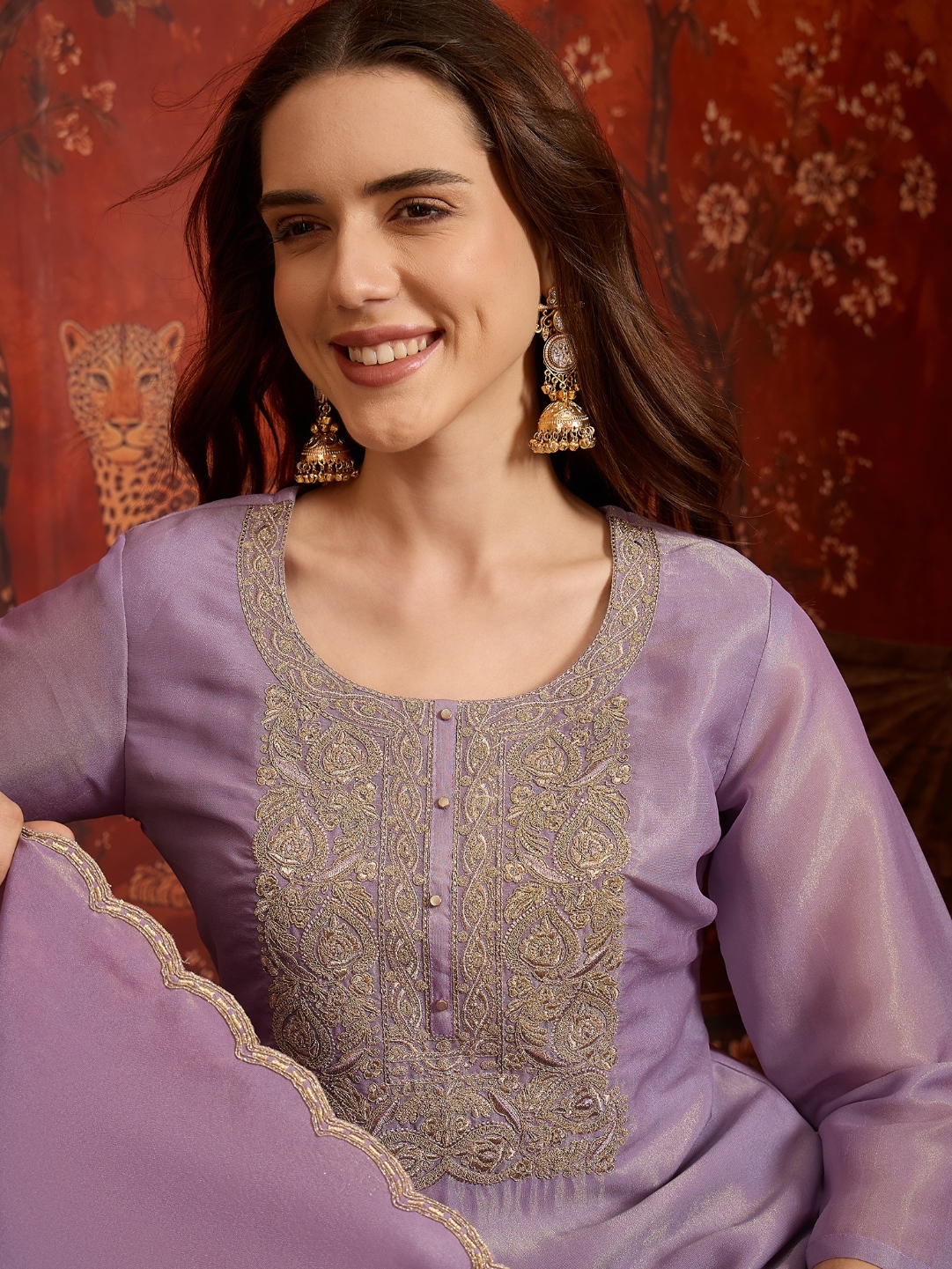 Purple Sheer Dupatta Silk Straight Suit
