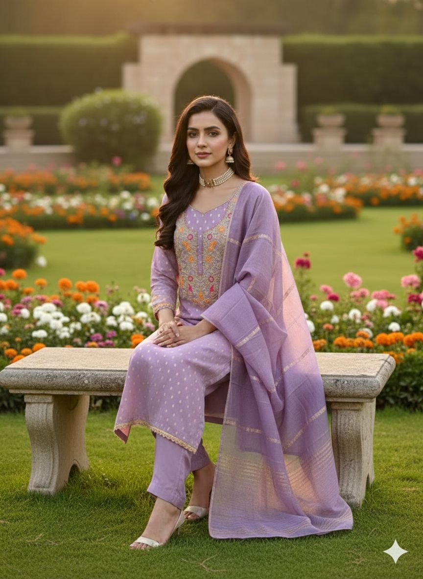 Purple Shimmer Jacquard Embroidered Salwar — alternate view