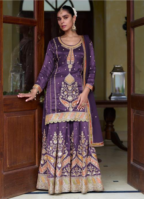 Purple Shimmer Silk Long Choli Lehenga