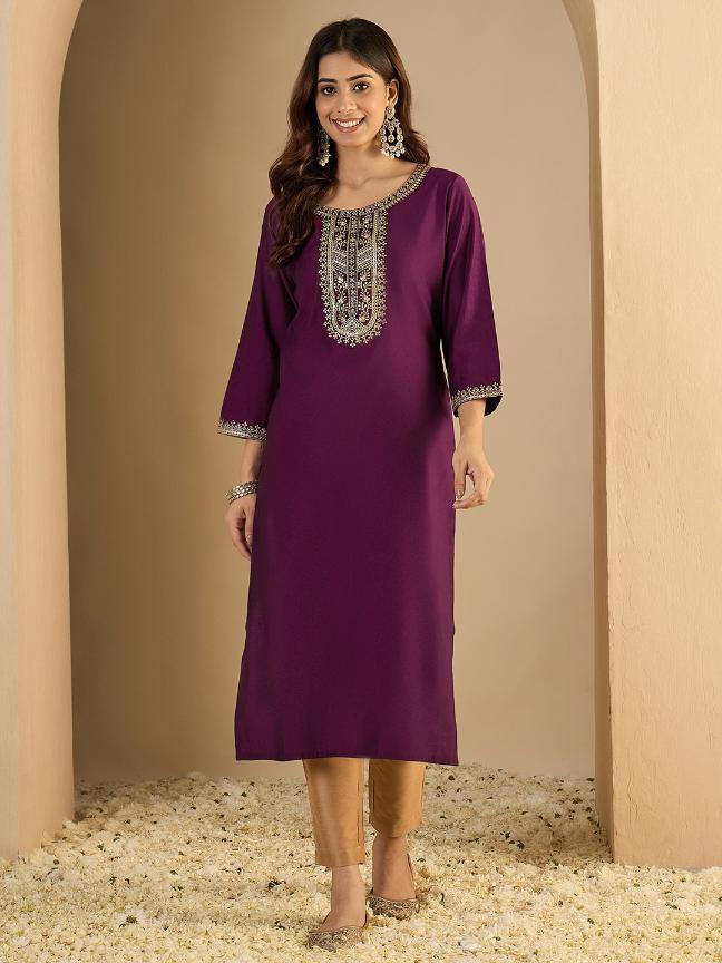 Purple Silk Blend Embroidered Kurti