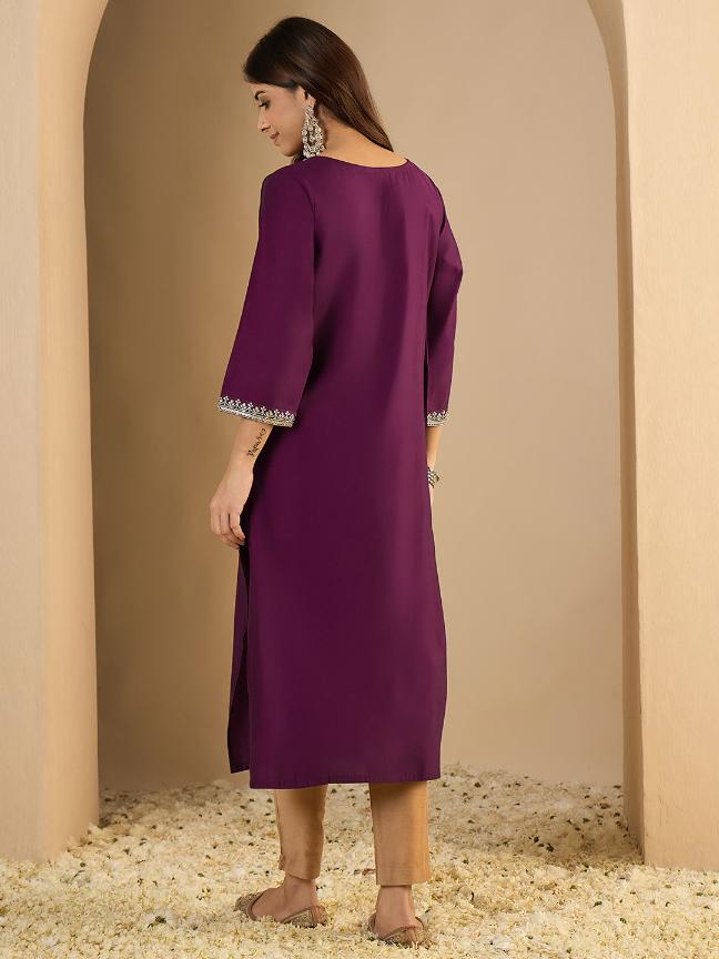 Purple Silk Blend Embroidered Kurti — alternate view