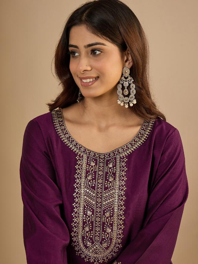 Purple Silk Blend Embroidered Kurti