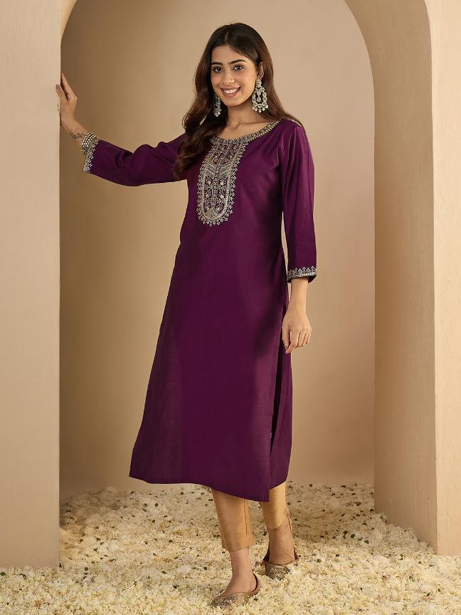 Purple Silk Blend Embroidered Kurti