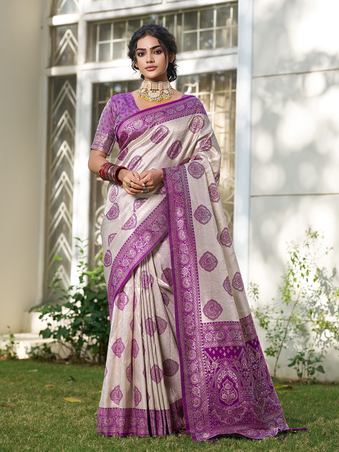 Purple Silk Blend Woven Designer Saree