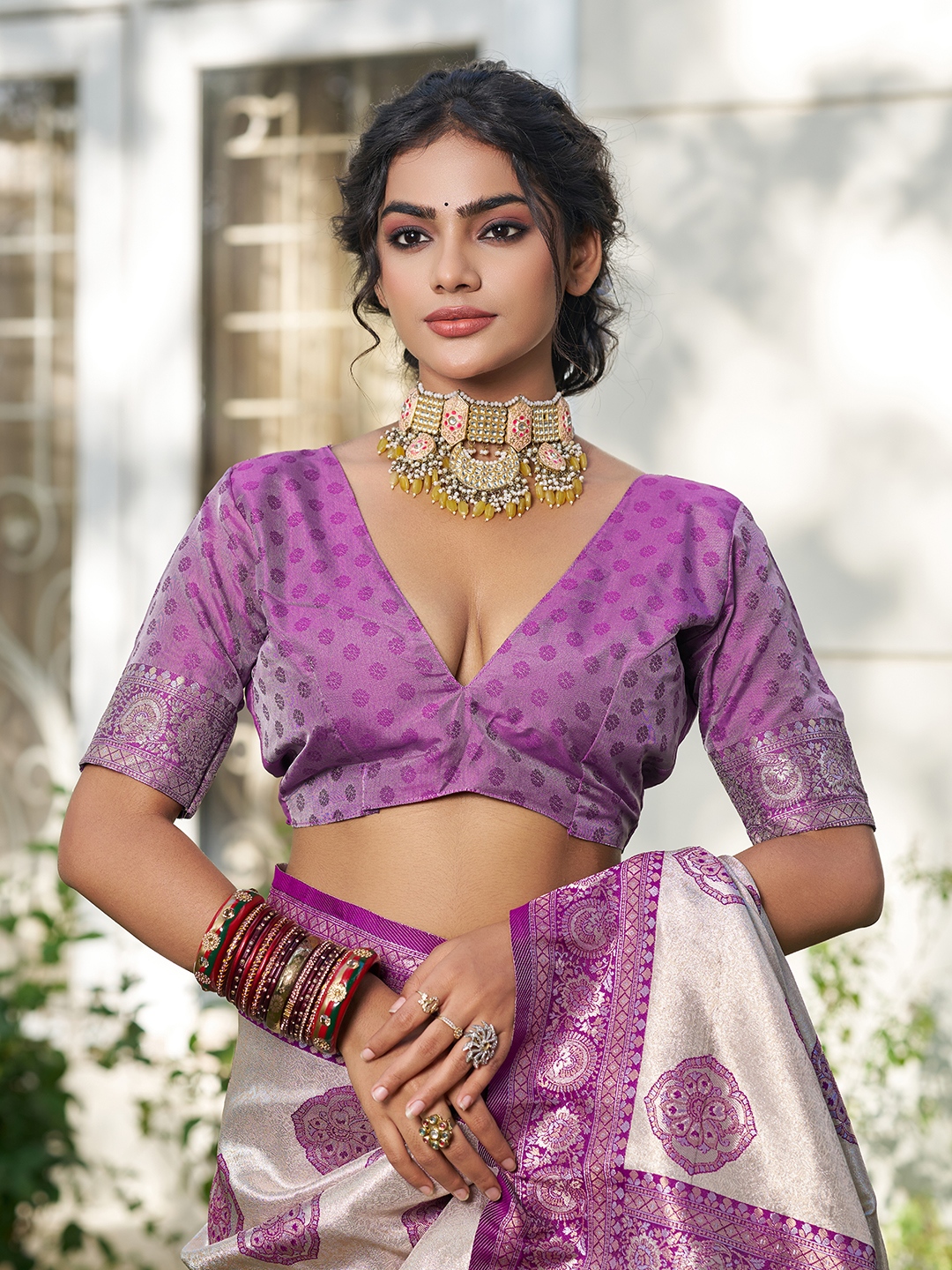 Purple Silk Blend Woven Designer Saree
