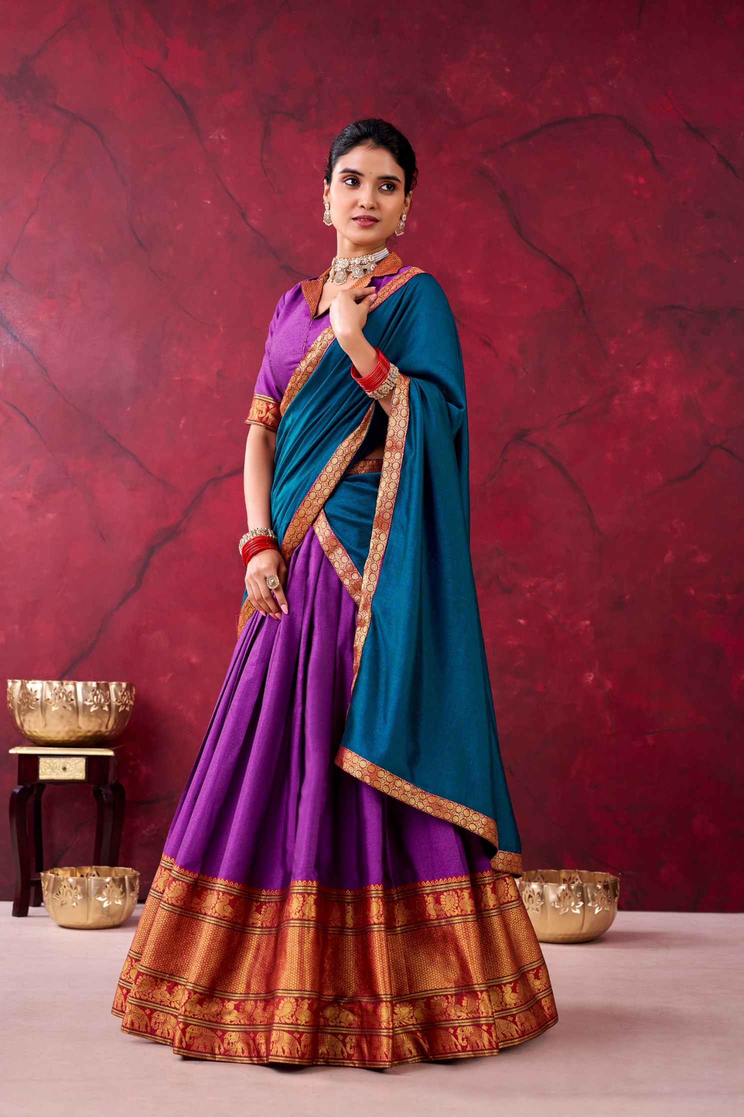 Purple Silk Zari Woven Flared Lehenga Choli