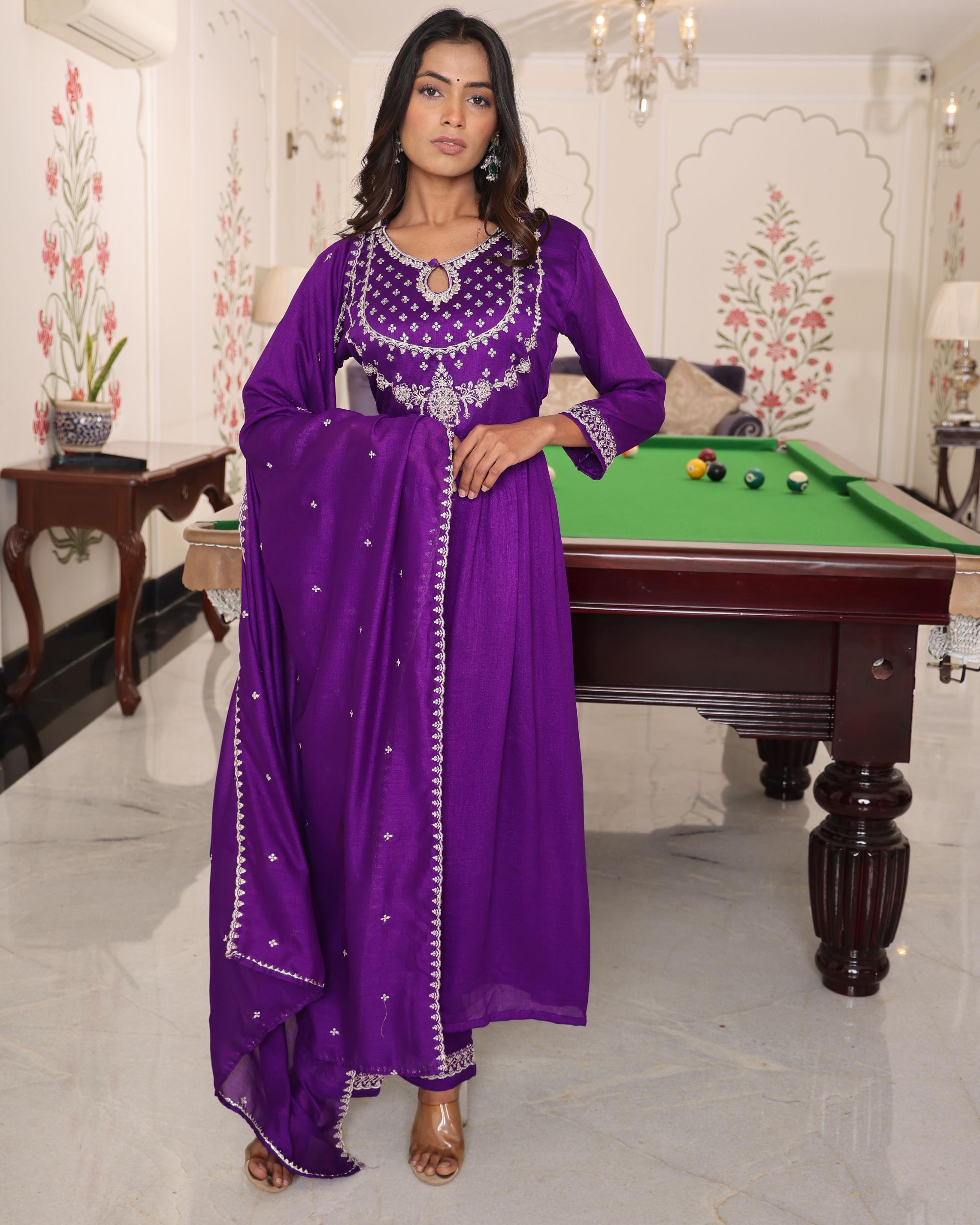 Purple Soft Silk Embroidered Readymade Suit