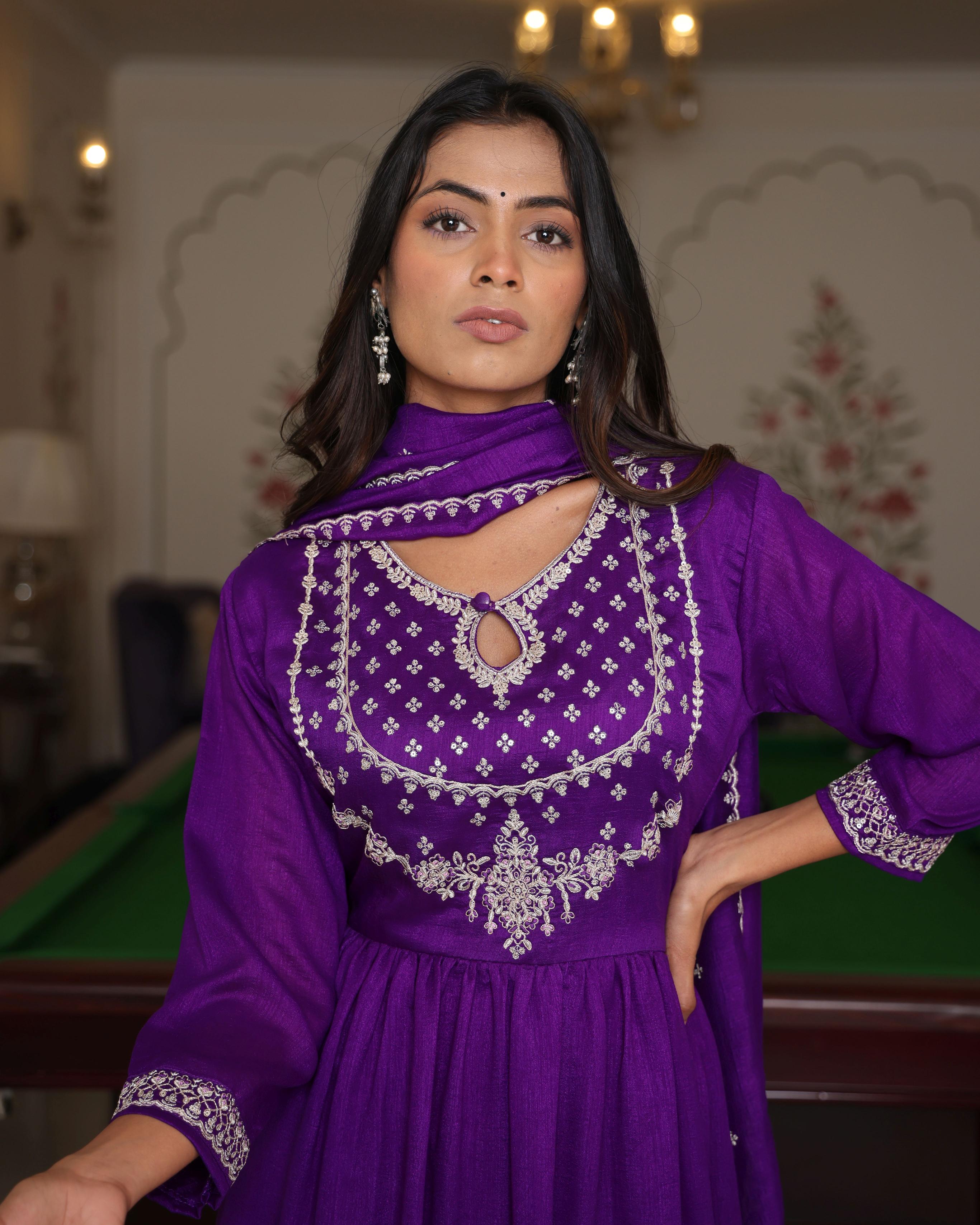 Purple Soft Silk Embroidered Readymade Suit