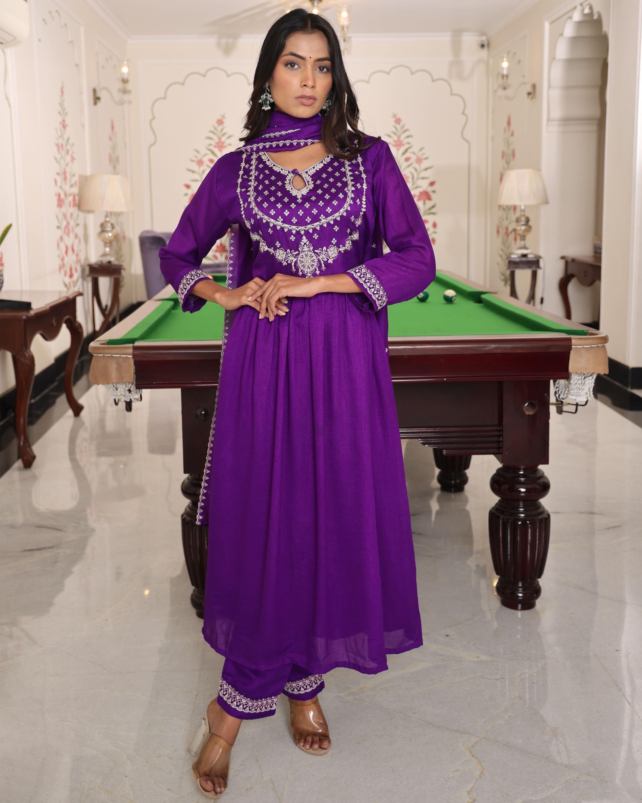 Purple Soft Silk Embroidered Readymade Suit