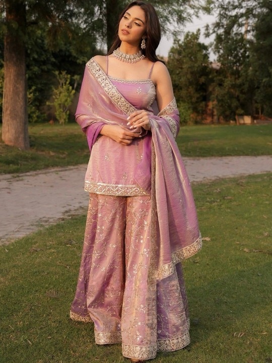Purple Solid Designer Embroidery Fendy Satin Palazzo Suit