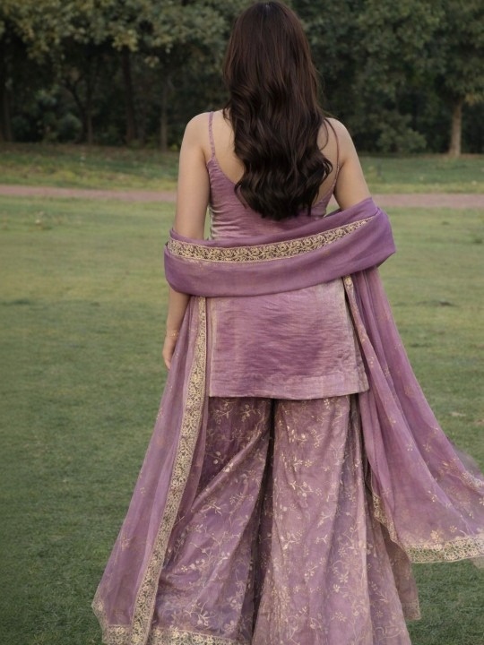 Purple Solid Designer Embroidery Fendy Satin Palazzo Suit — alternate view