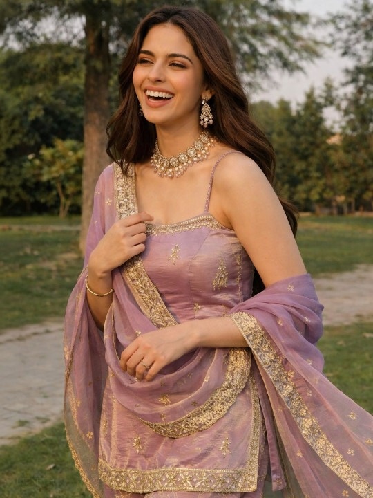 Purple Solid Designer Embroidery Fendy Satin Palazzo Suit