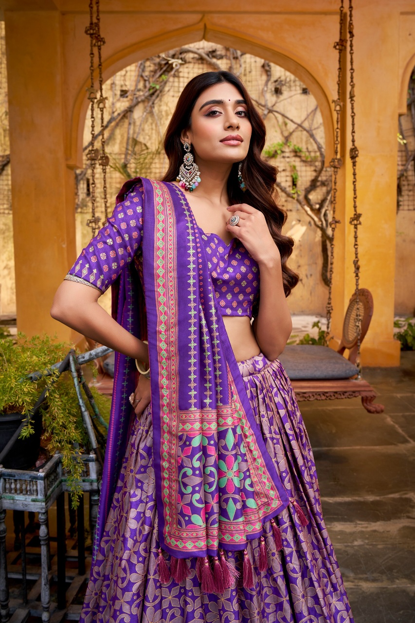 Purple Sparkle Printed Tussar Silk Lehenga Choli