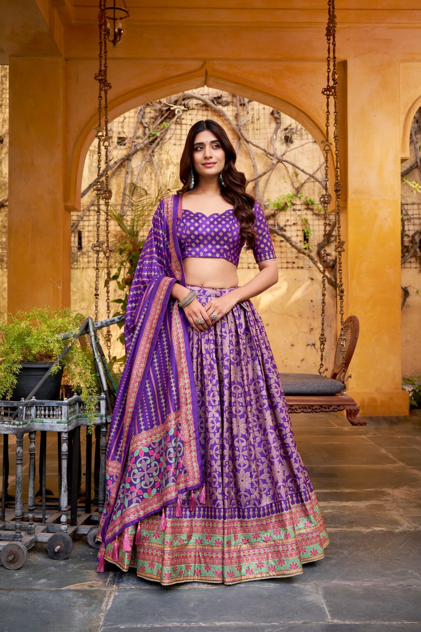 Purple Sparkle Printed Tussar Silk Lehenga Choli
