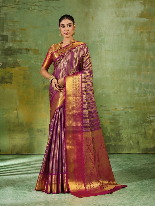 Purple Striped Zari Work Kanjivaram Silk Saree