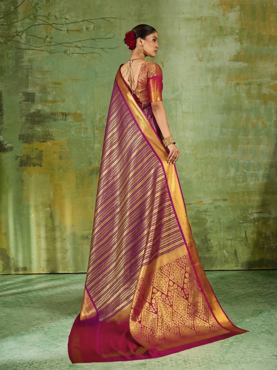 Purple Striped Zari Work Kanjivaram Silk Saree — alternate view