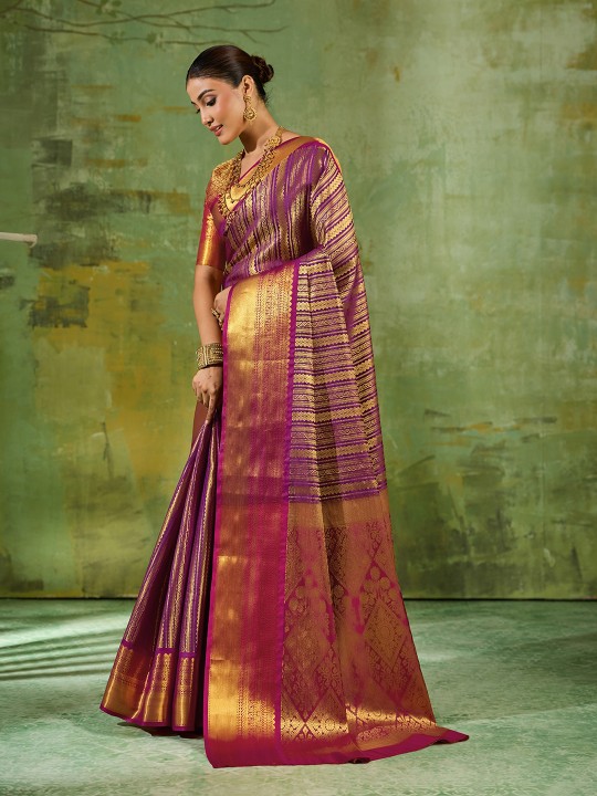 Purple Striped Zari Work Kanjivaram Silk Saree