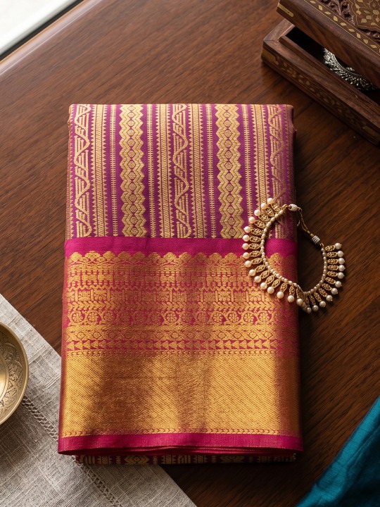 Purple Striped Zari Work Kanjivaram Silk Saree