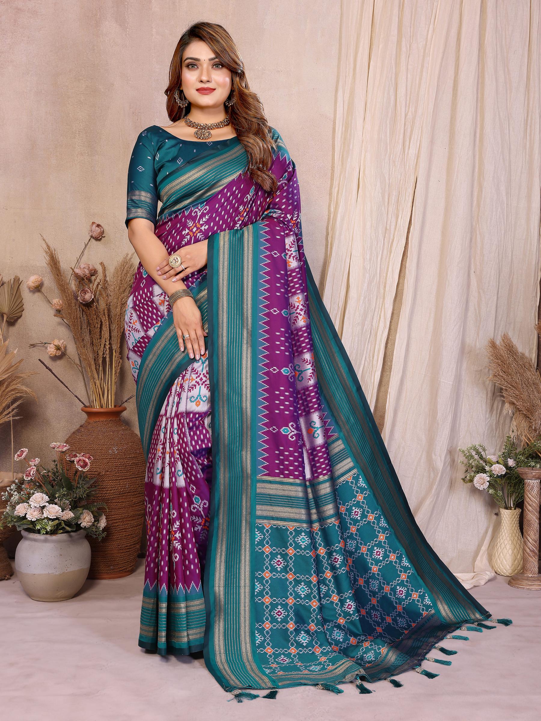 Purple Teal Soft Silk Ikat Designer Saree