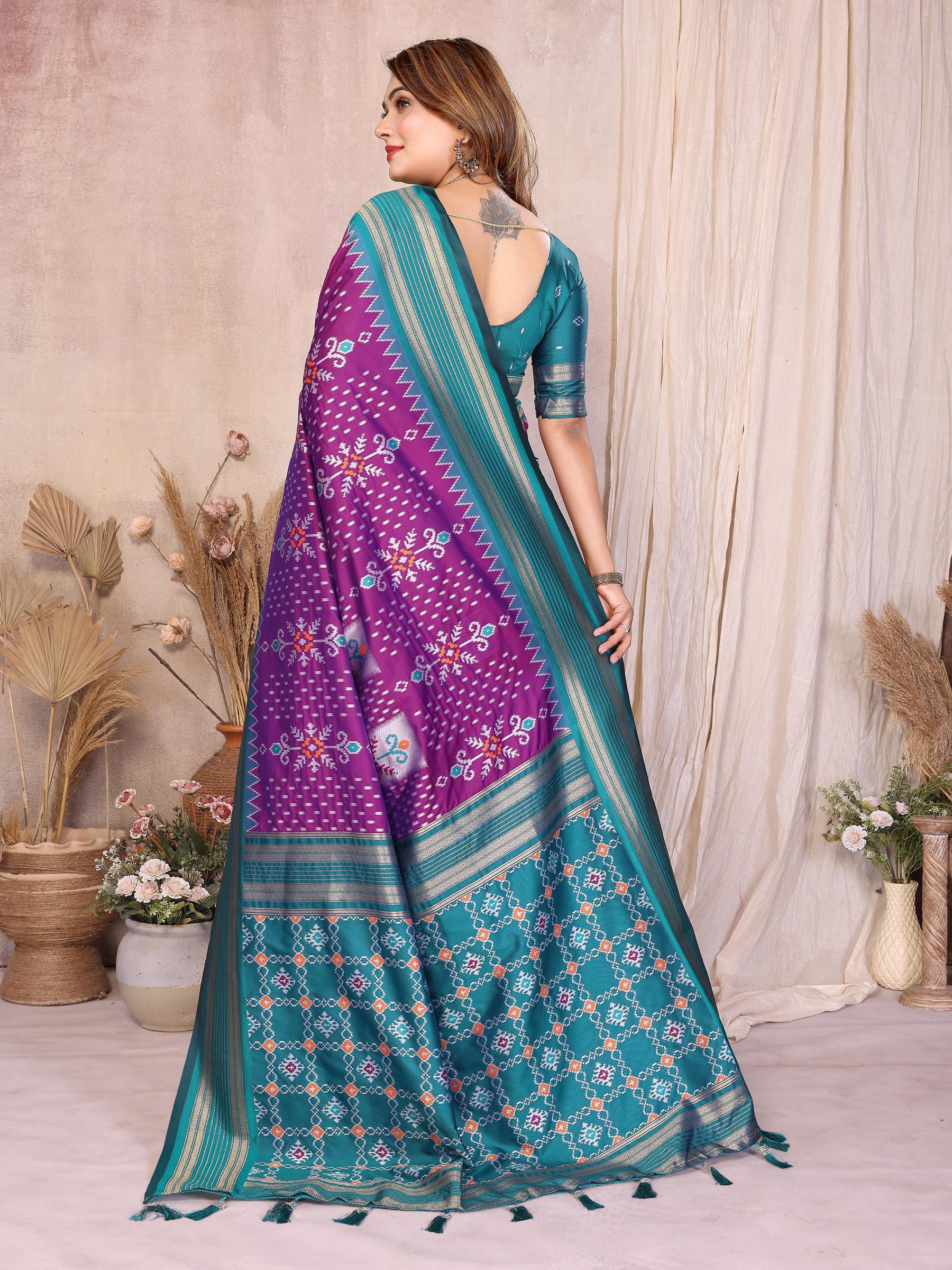 Purple Teal Soft Silk Ikat Designer Saree — alternate view