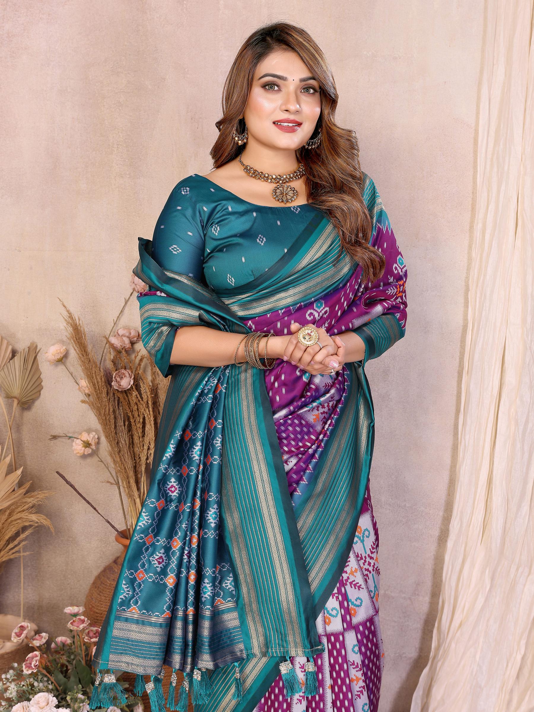 Purple Teal Soft Silk Ikat Designer Saree