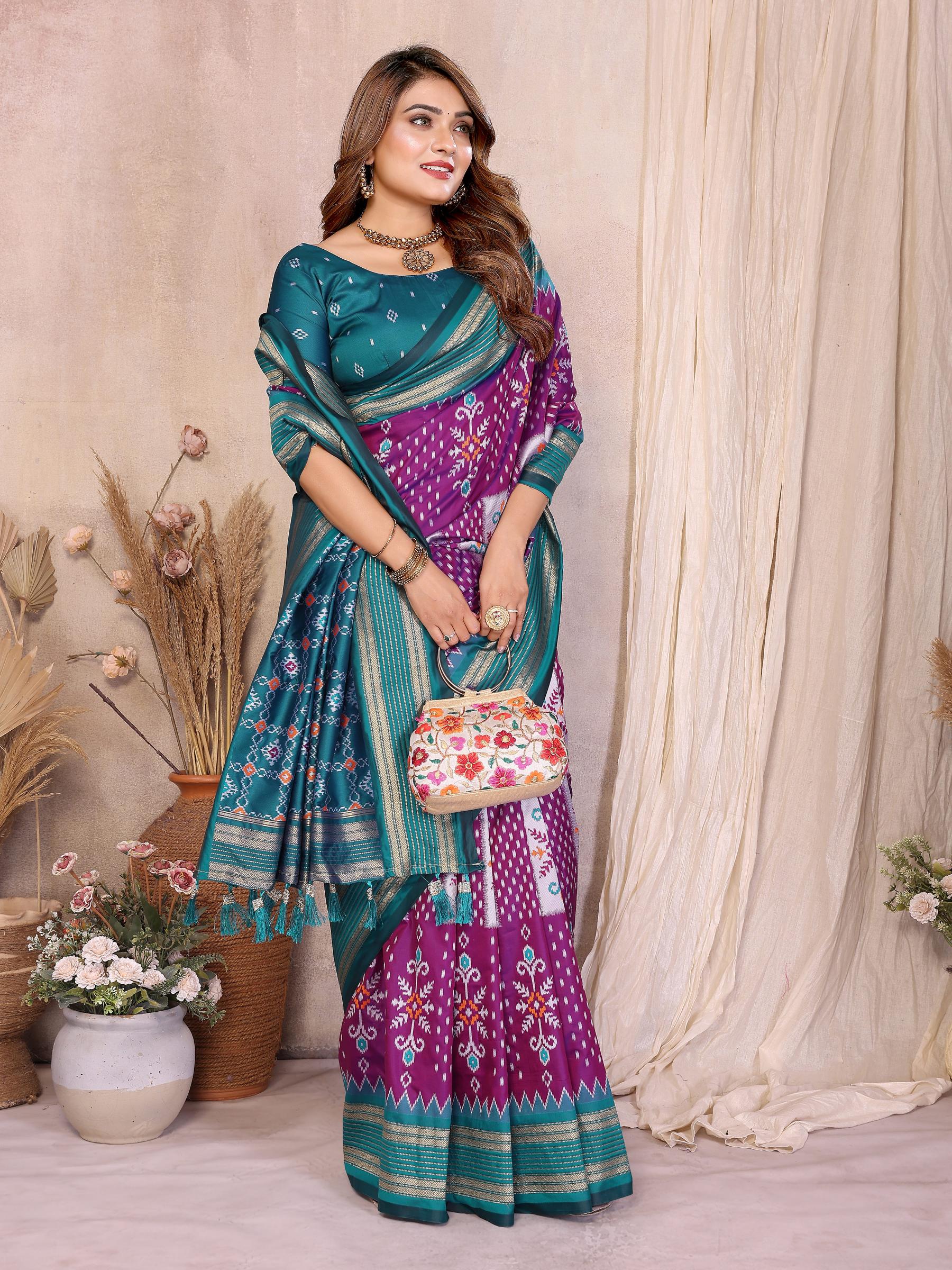 Purple Teal Soft Silk Ikat Designer Saree