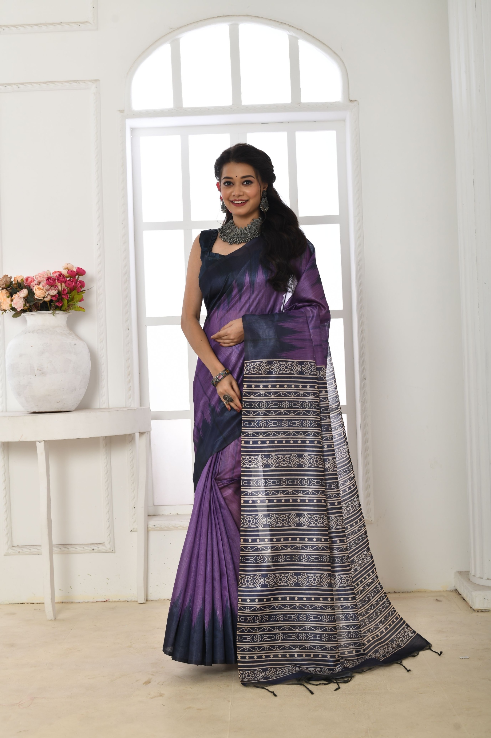 Purple Temple Printed Tussar Silk Saree