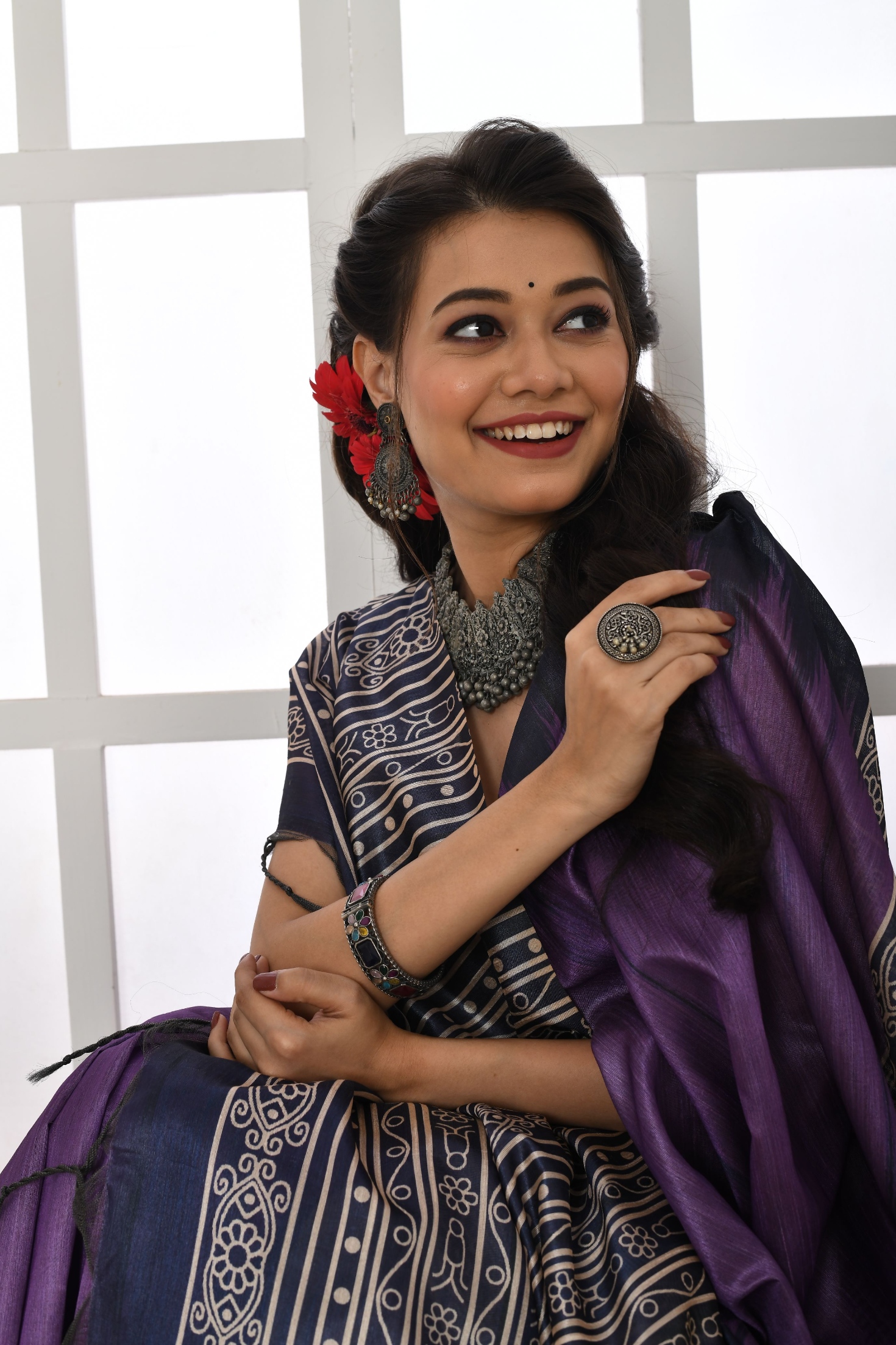 Purple Temple Printed Tussar Silk Saree — alternate view