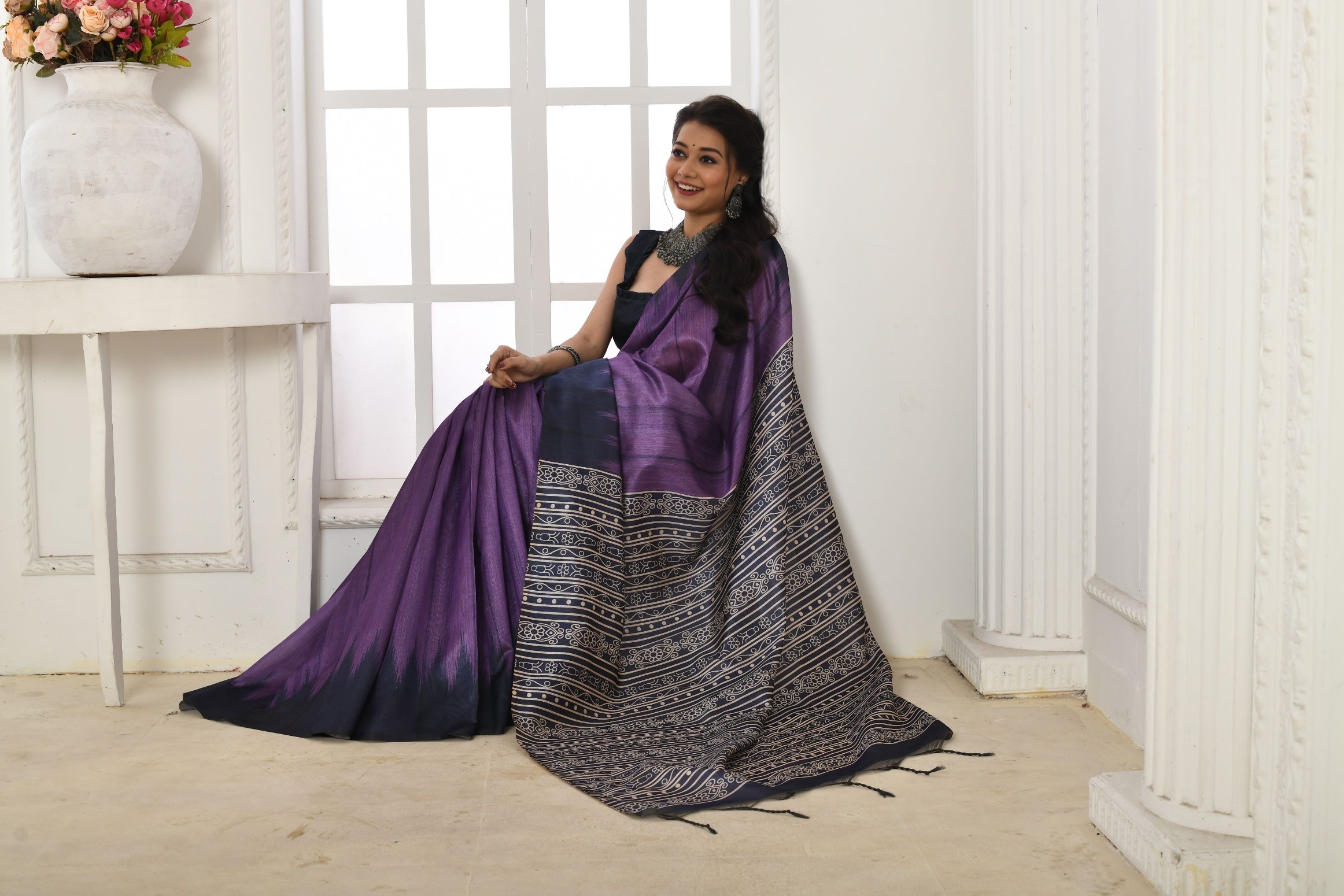 Purple Temple Printed Tussar Silk Saree
