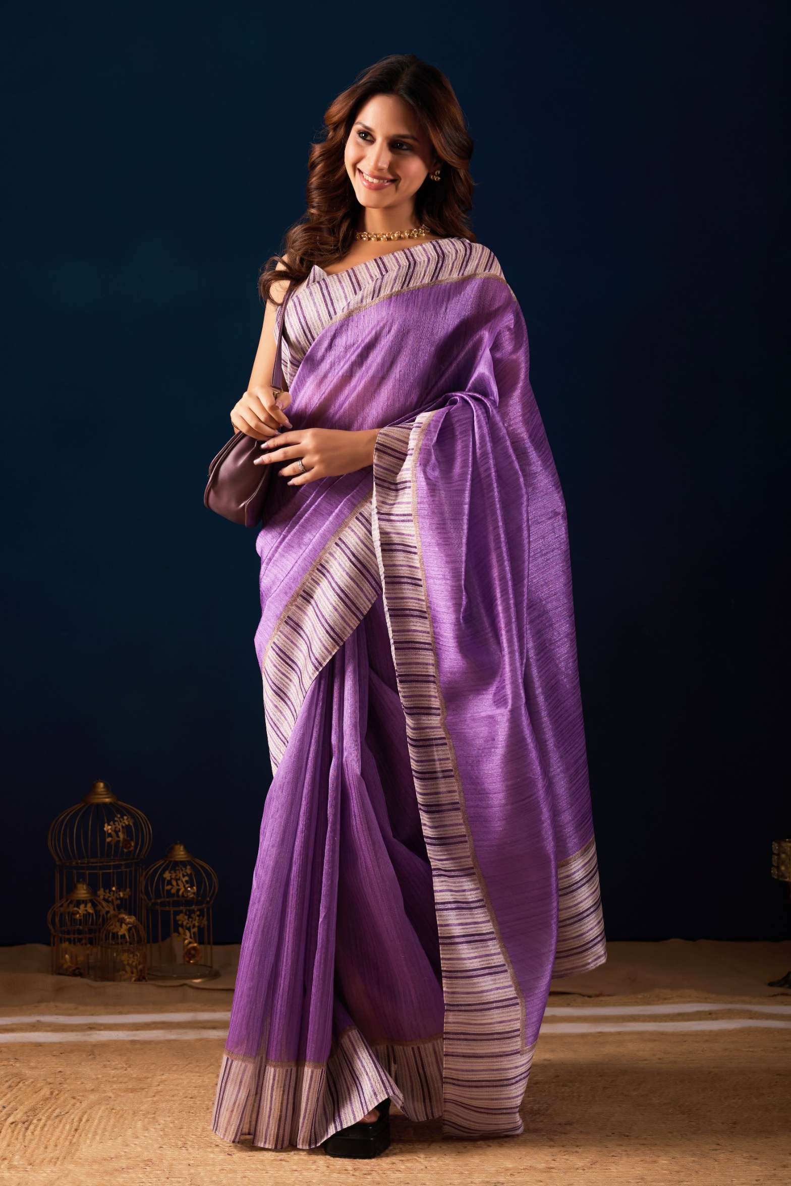 Purple Textured Stripe Jute Silk Ready To Wear Saree