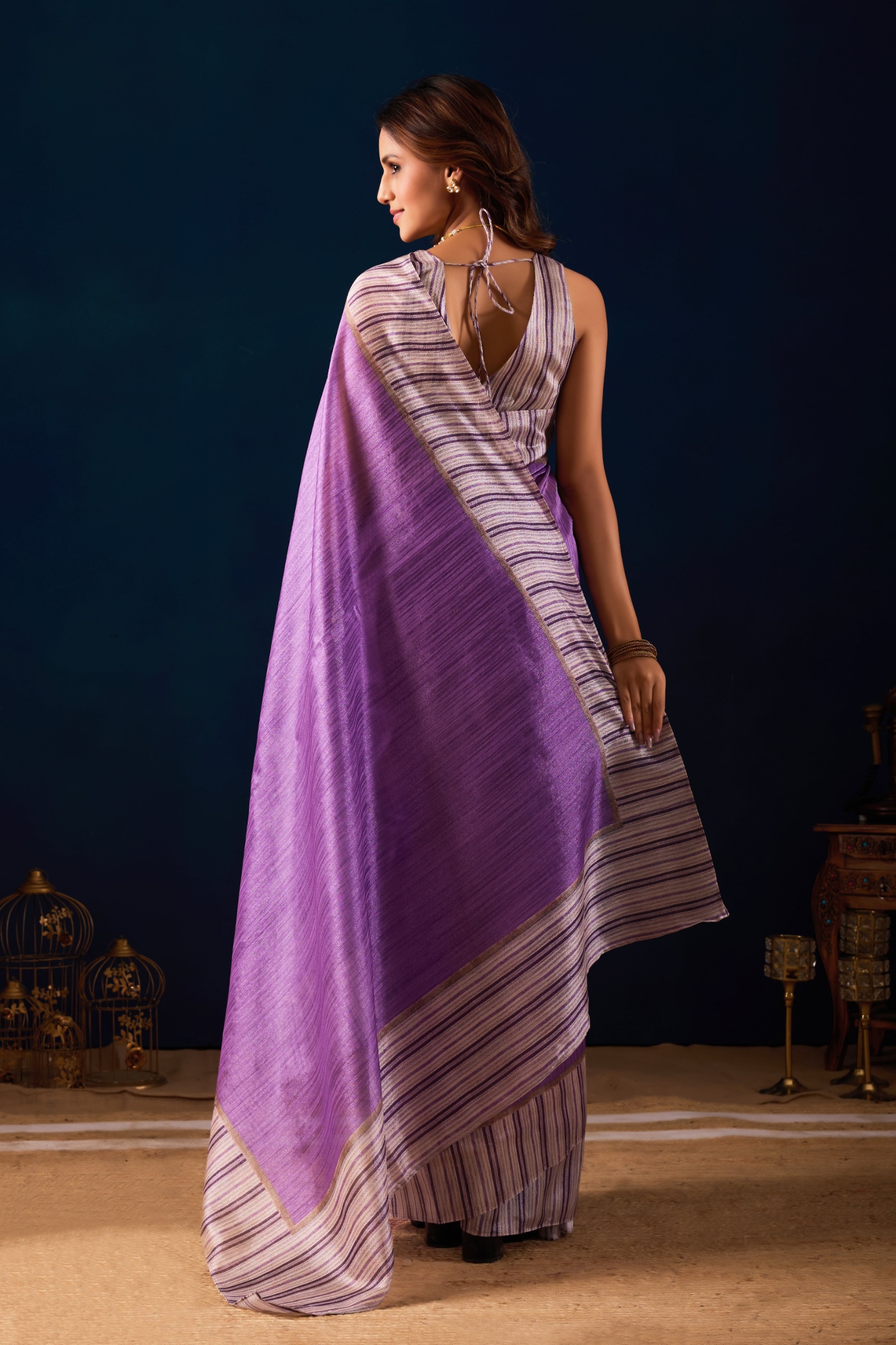 Purple Textured Stripe Jute Silk Ready To Wear Saree — alternate view