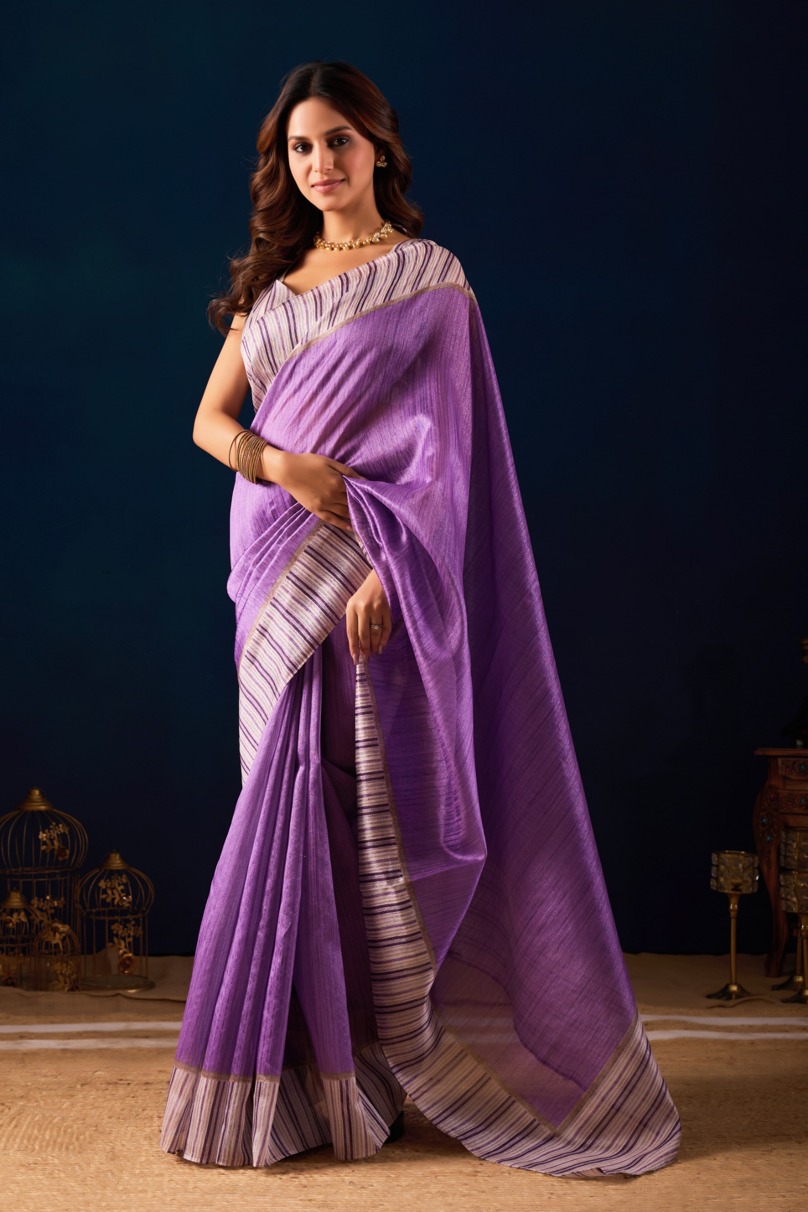 Purple Textured Stripe Jute Silk Ready To Wear Saree